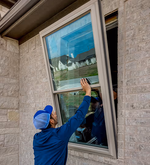 Worker in blue uniform and cap installing a tilted window on a brick house exterior.