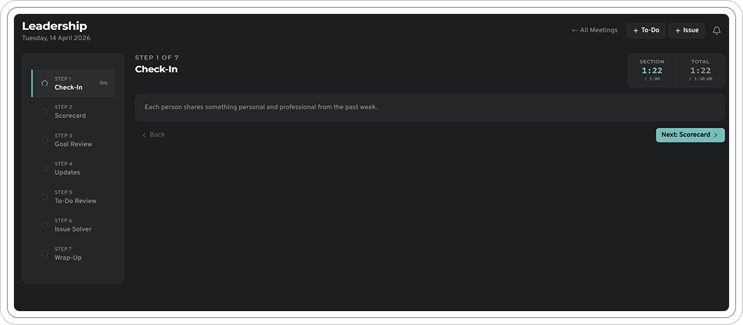 WeeklyPulse pulse meeting runner with 7 structured steps and goal review