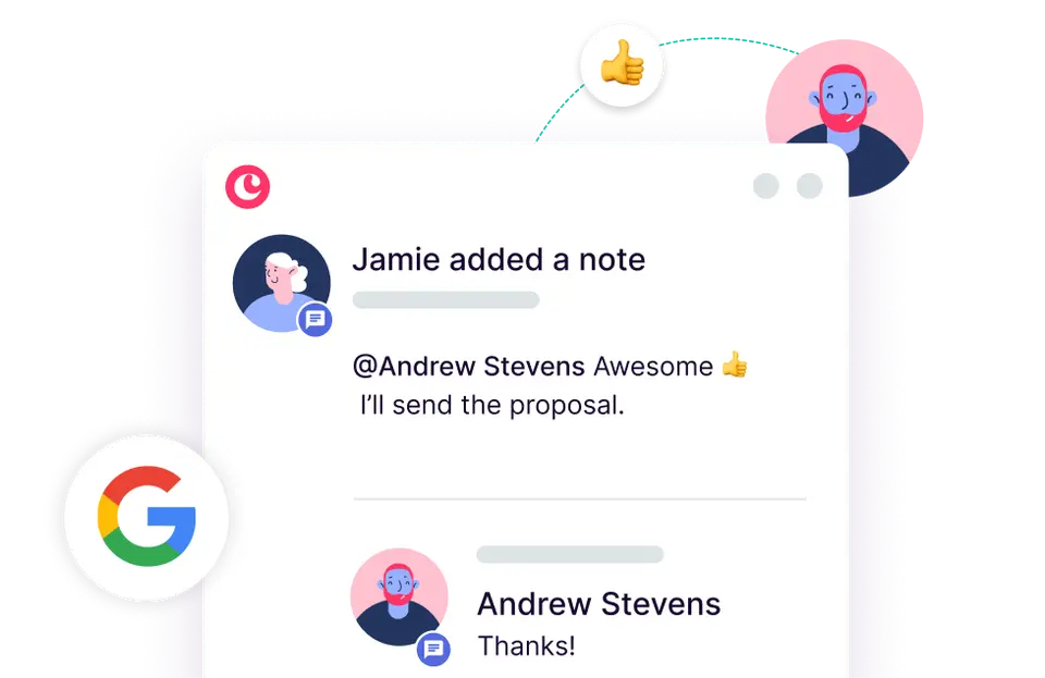Digital workspace chat showing Jamie adding a note tagging Andrew Stevens, saying 'Awesome' with a thumbs-up emoji, and Andrew replying 'Thanks!'
