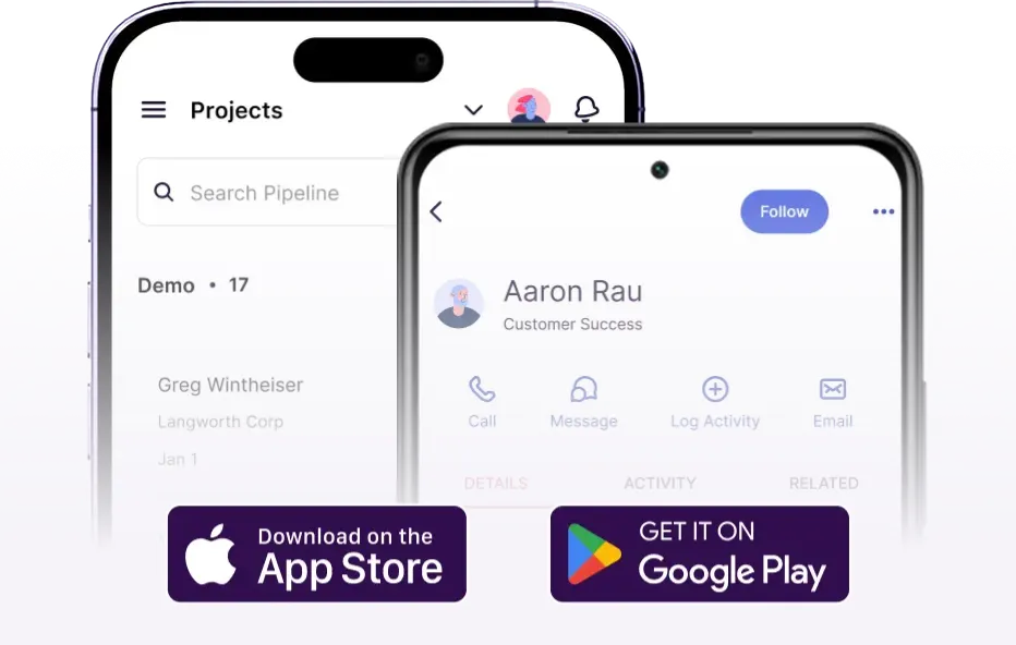 Mobile screen showing a profile for Aaron Rau, Customer Success at Wyman, Schumm and Walsh, with options to call, message, log activity, or email.