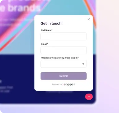 Contact form with fields for full name, email, service interest dropdown, and a submit button powered by Copper.