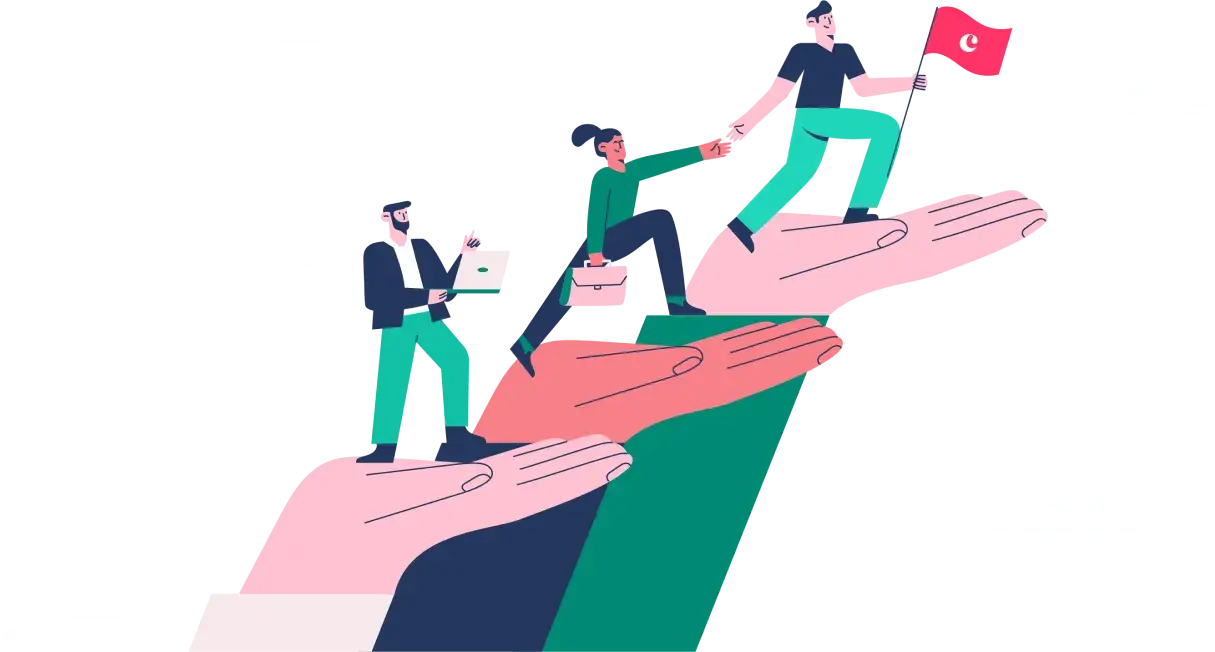 Illustration of three businesspeople ascending large hands, with the leading person holding a red flag.