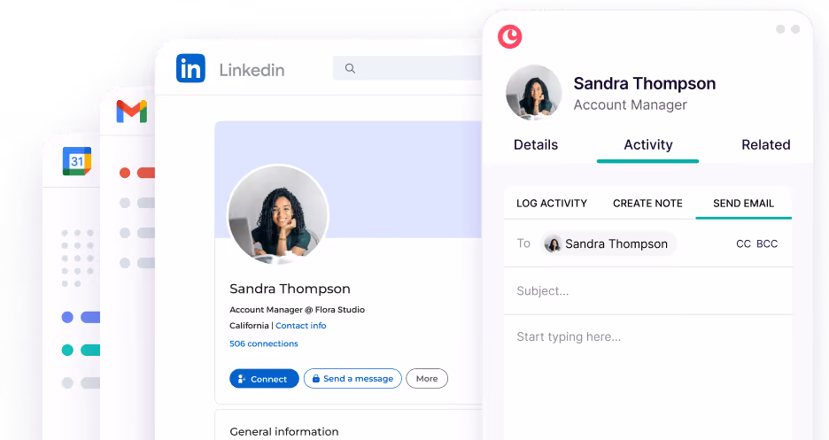 Copper Chrome extension showing a contact’s activity alongside LinkedIn and Gmail