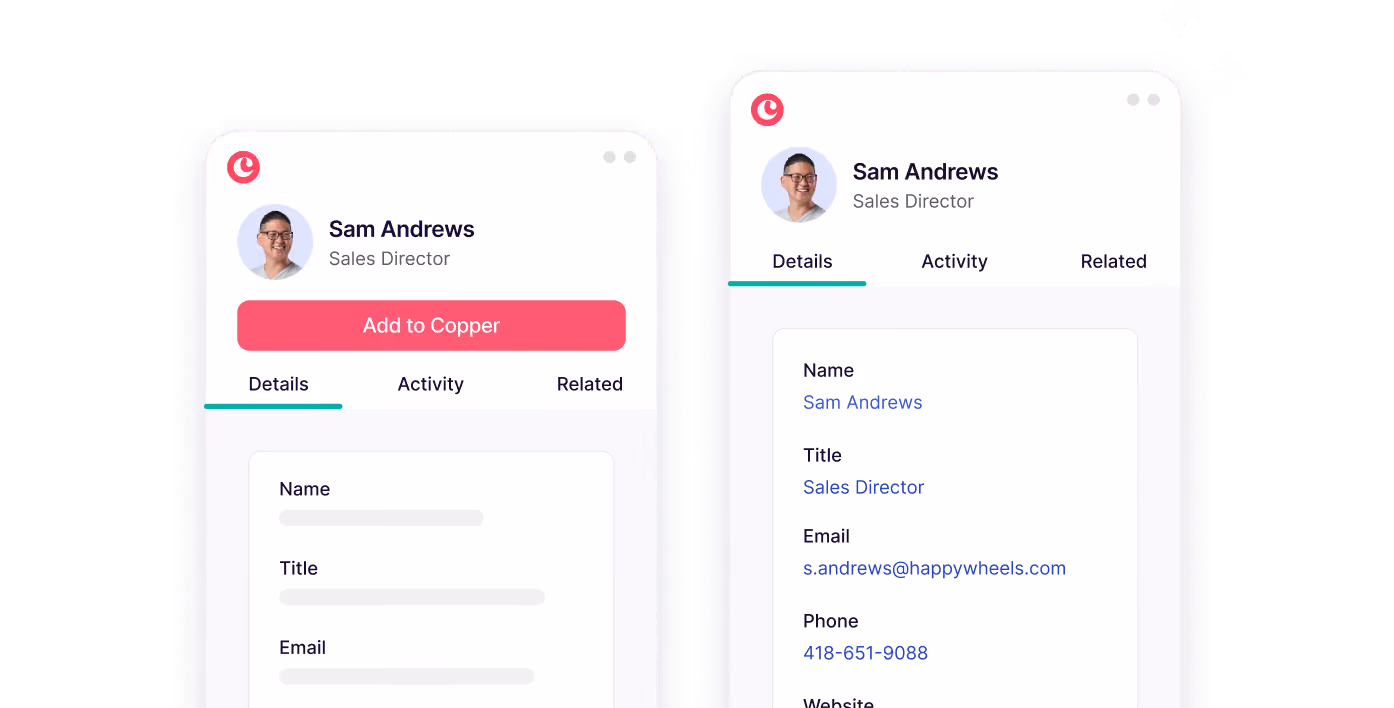 Copper mobile app enriching a new contact record