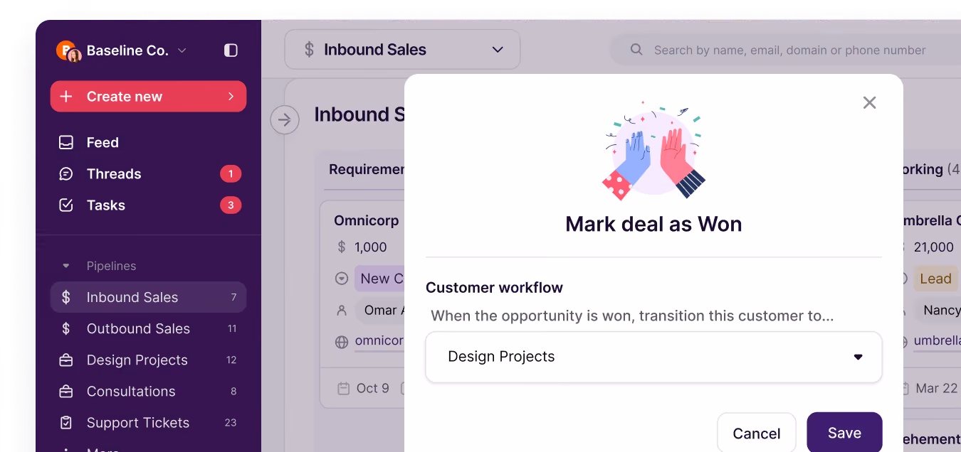 Copper mark-deal-as-won dialog with a customer workflow selection
