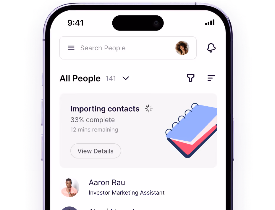 Copper mobile app showing the People directory and contact import progress