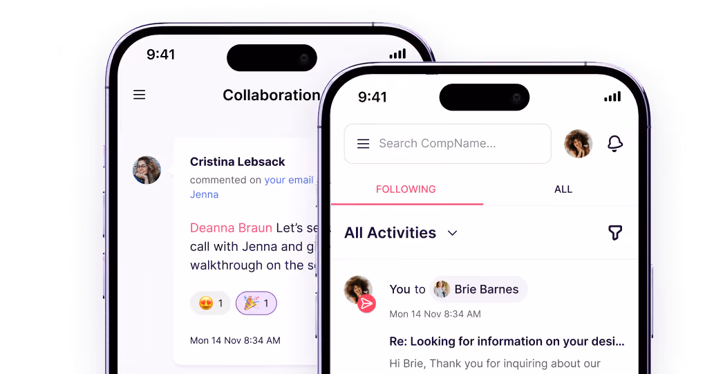 Copper mobile app showing a team collaboration and activity feed