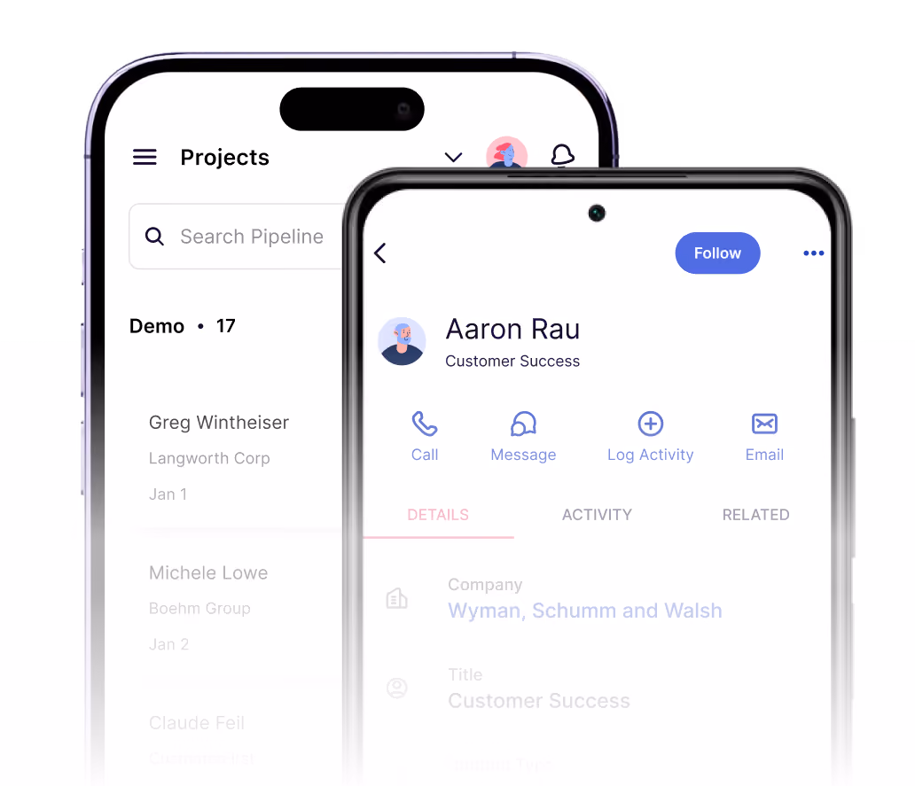 Copper mobile app on two phones showing the pipeline and a contact record
