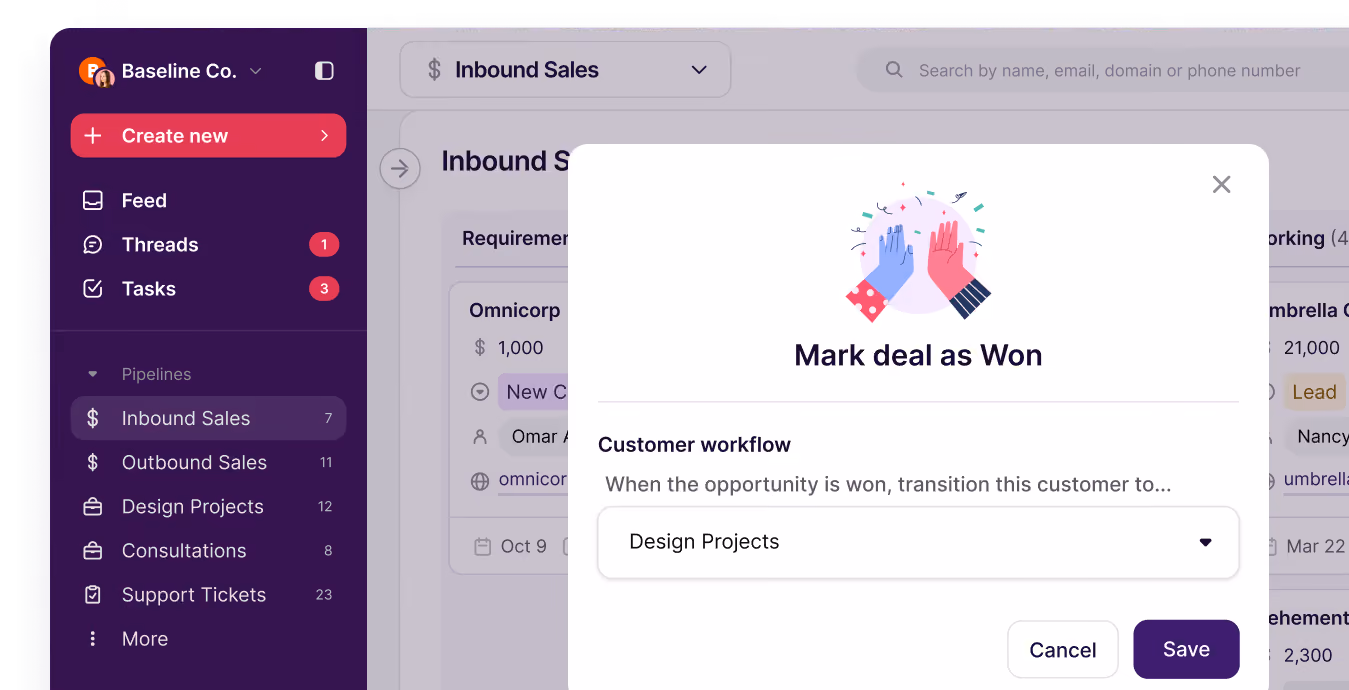 Copper projects and pipelines with a workflow to mark a deal won