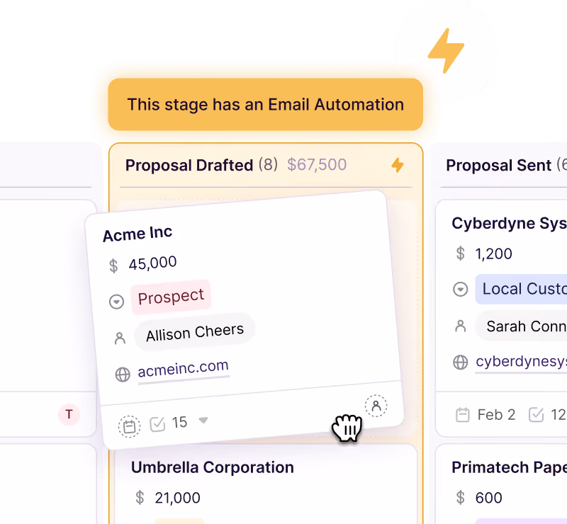 Copper sales pipeline with an email automation triggered on a deal stage