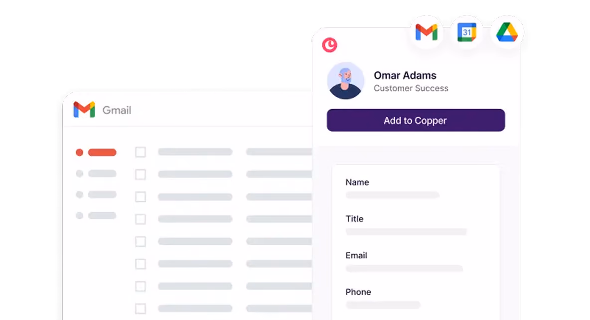 Copper adding a contact from Gmail with Google Workspace app icons