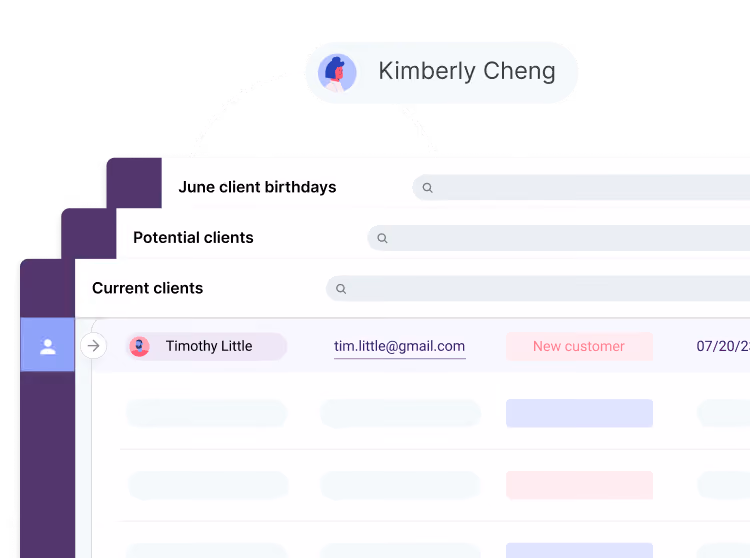 Copper contact lists organizing potential and current clients with a highlighted contact card