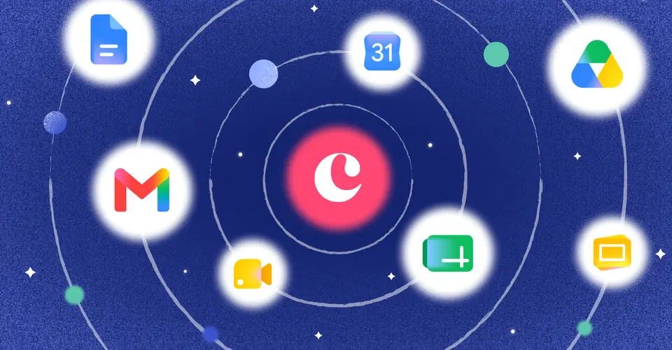 Illustration of Copper at the center of Google Workspace apps like Gmail, Drive, and Calendar