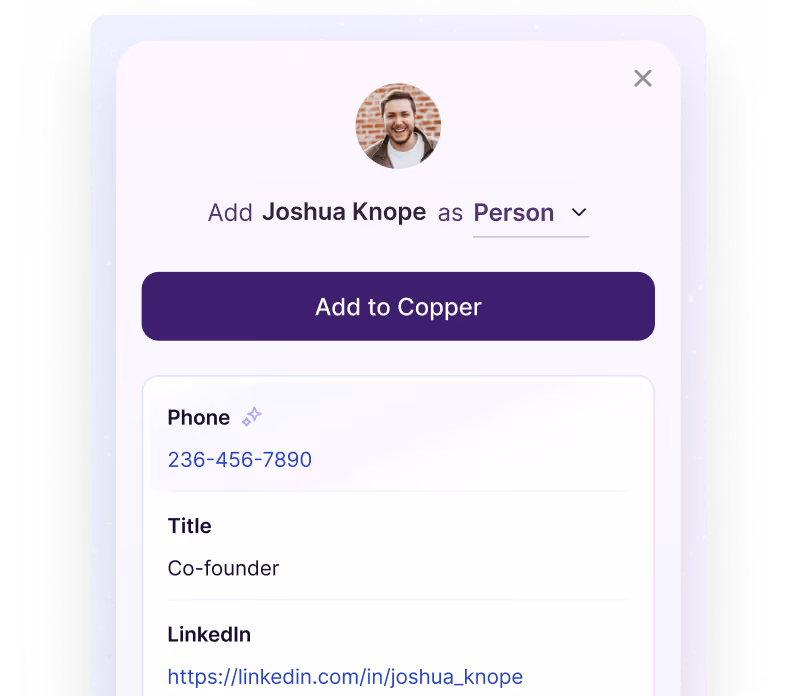 Copper enriching a new contact’s profile with details pulled from LinkedIn