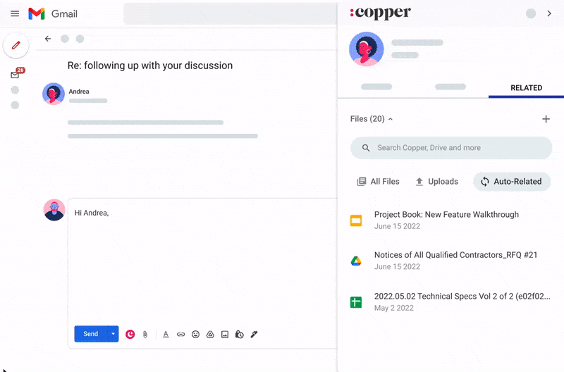Copper’s file finder surfacing related files inside Gmail