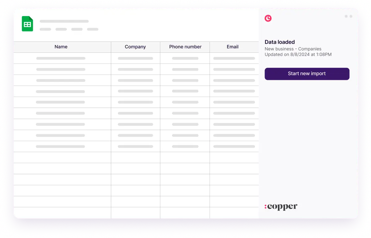 Copper importing contact data into a Google Sheets-style table