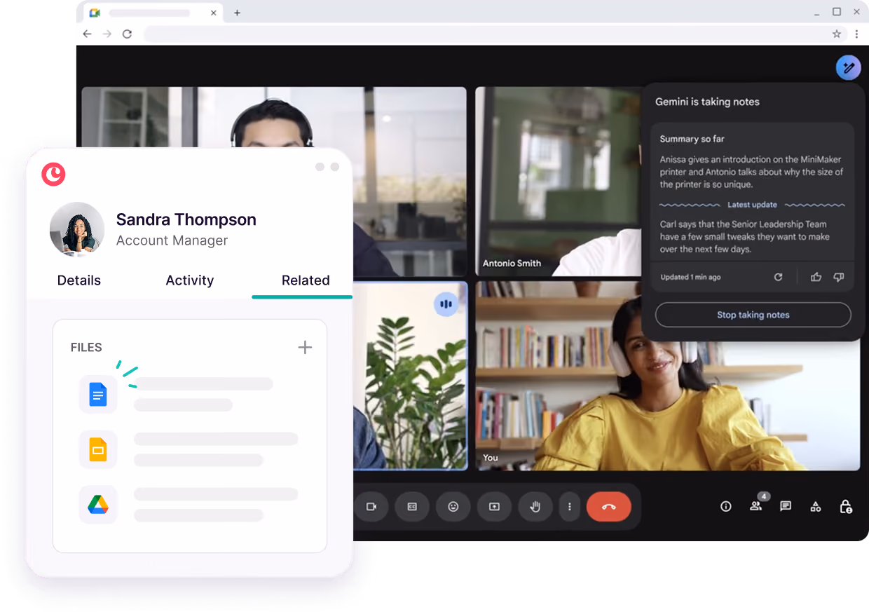 Google Meet video call with Copper’s contact panel and Gemini AI taking notes