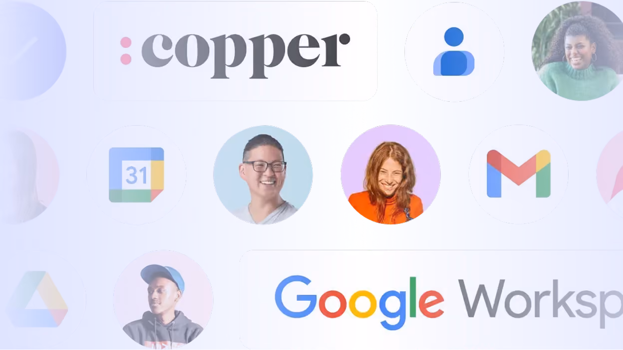 Copper integrated with Google Workspace apps including Gmail and Calendar, with team member avatars
