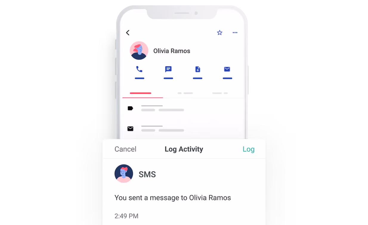 Copper mobile app logging an SMS activity to a contact