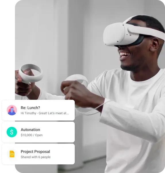 A person wearing a VR headset and controllers with Copper activity notifications overlaid