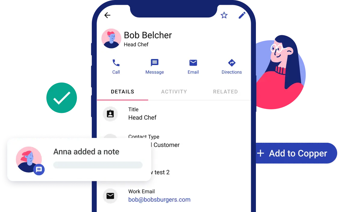 Copper mobile app showing a contact record with a team note and an Add to Copper button