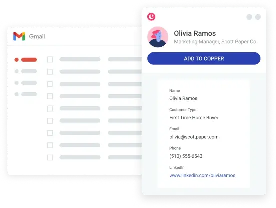 Copper’s Gmail sidebar adding a first-time home buyer contact directly from an email