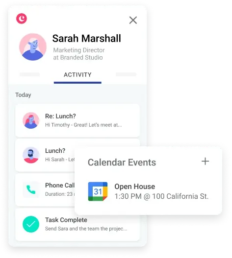 Copper contact record for a real estate client showing the activity feed and an Open House calendar event