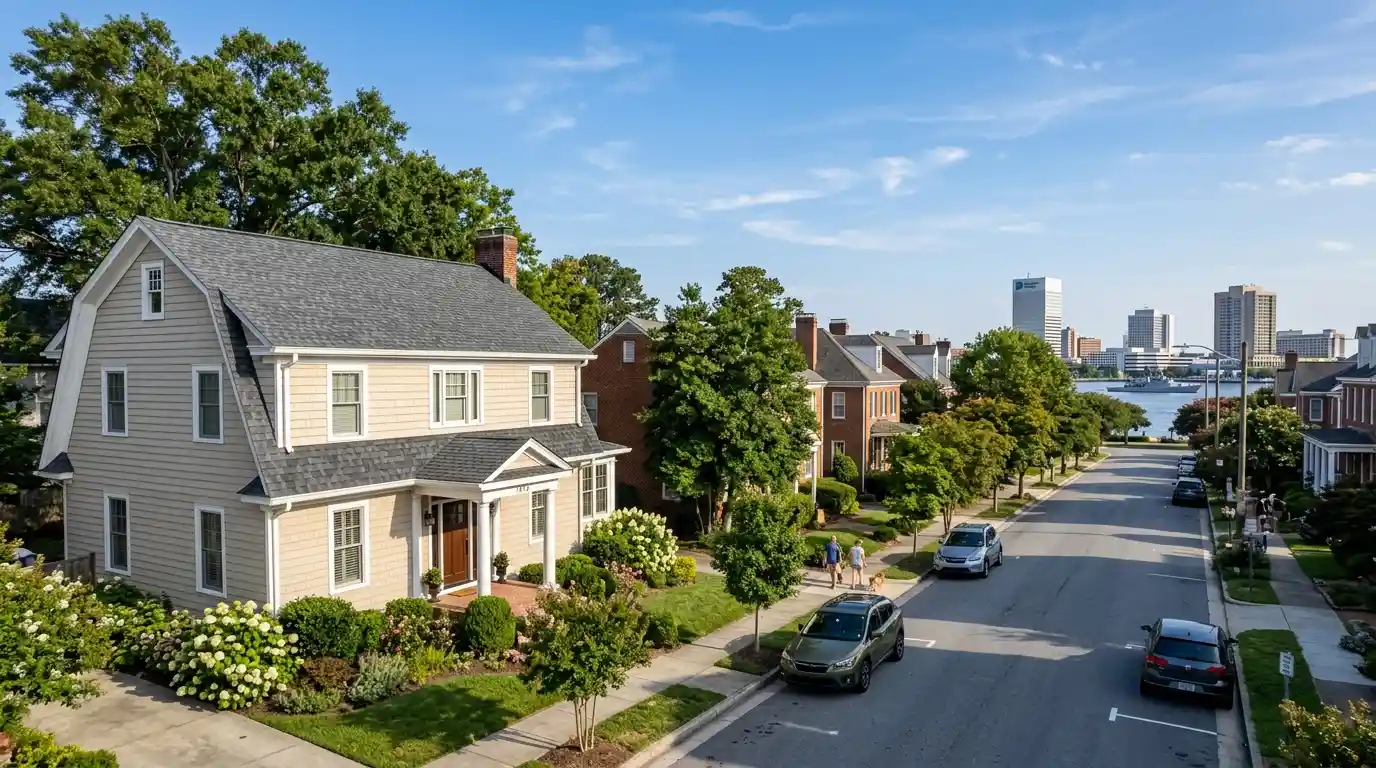 Technical visualization of a GAF architectural shingle roof installation on a classic Norfolk home, with the downtown Norfolk skyline and Elizabeth River in the background. WT Anderson master elite contractors ensuring coastal weatherproofing.