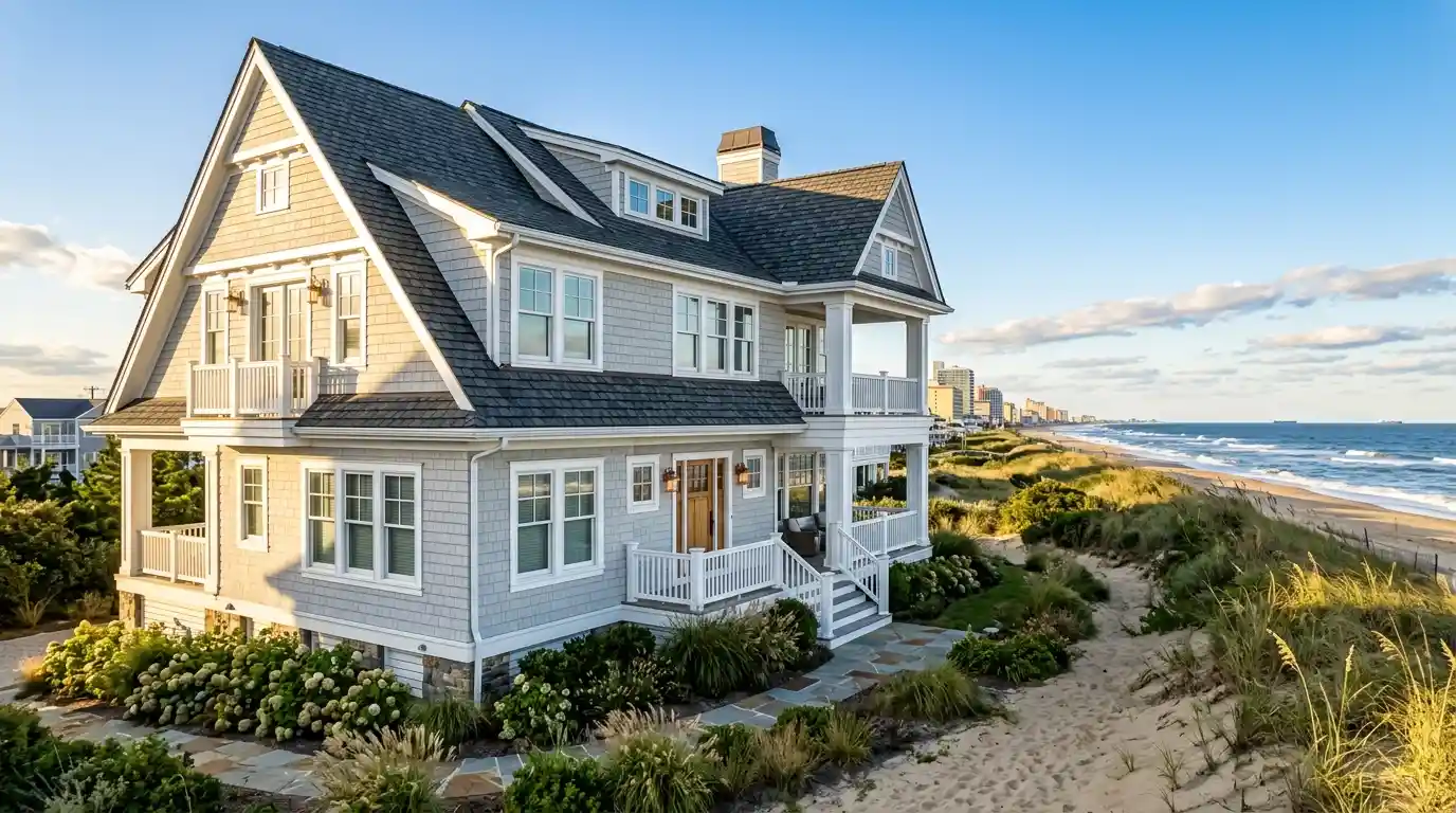 Visual representation of a new GAF architectural shingle roof on a historic Larchmont colonial home in Norfolk, VA. The Elizabeth River and Norfolk skyline are visible in the background, symbolizing coastal protection.