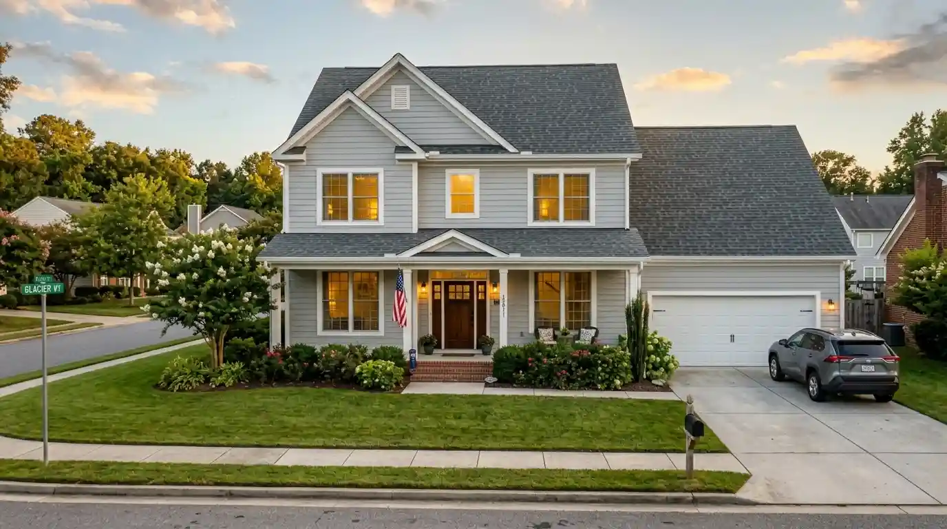 Technical visualization of a full exterior renovation in Chesapeake, VA, featuring GAF architectural shingles and custom vinyl siding. WT Anderson project management ensuring VUSBC compliance for a large-scale residential estate.