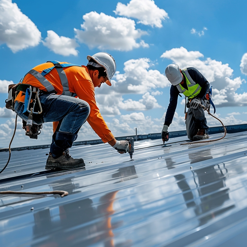 commercial roofers repairing a roof