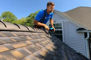roof inspector looking at roof line