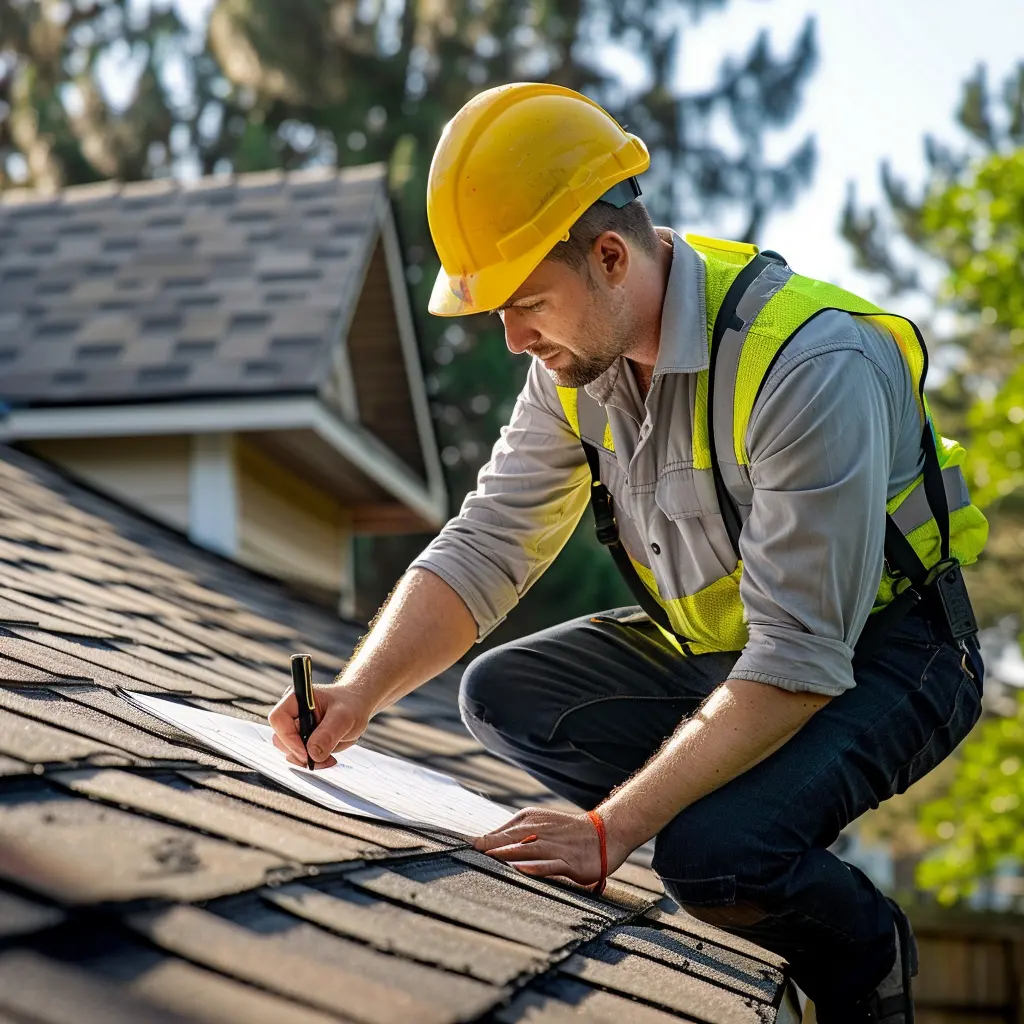 A roofer assessing the roof for replacement