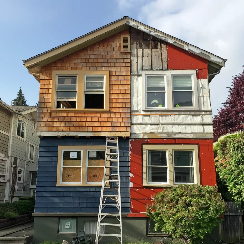 half home is painted while other half has its siding being replaced