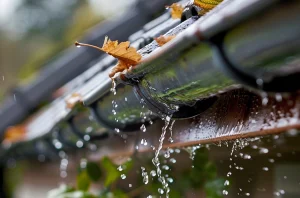 clogged guttering with debris causing water to wick down to fascia causing leaks inside the home