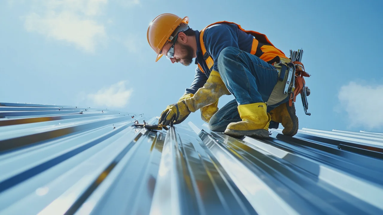 A roofer is installing a metal roof.