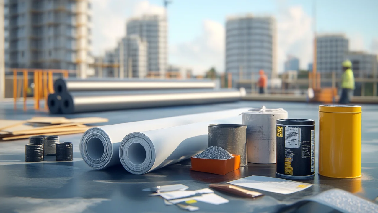 Roofing materials on a rooftop.