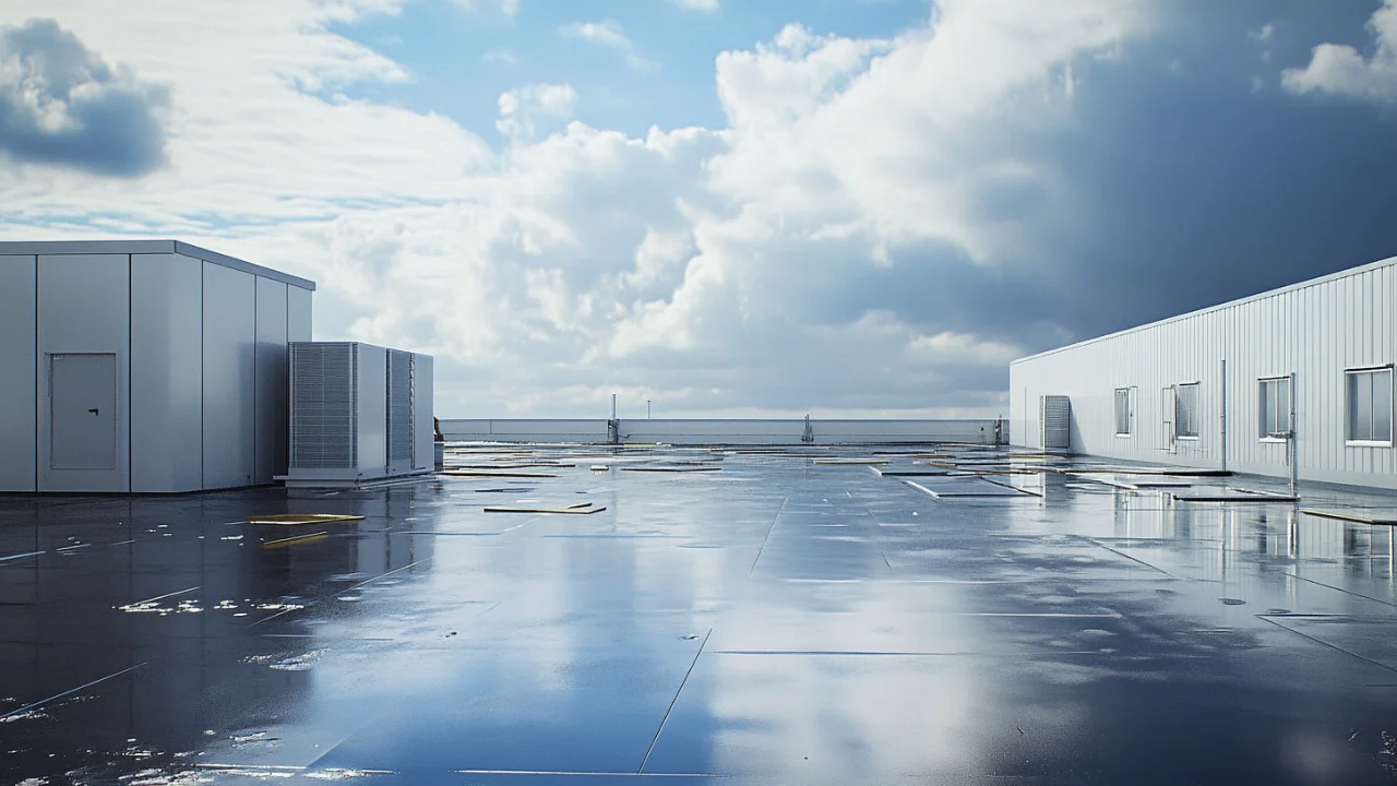 A commercial flat roof with water pooling and buildings in the background.