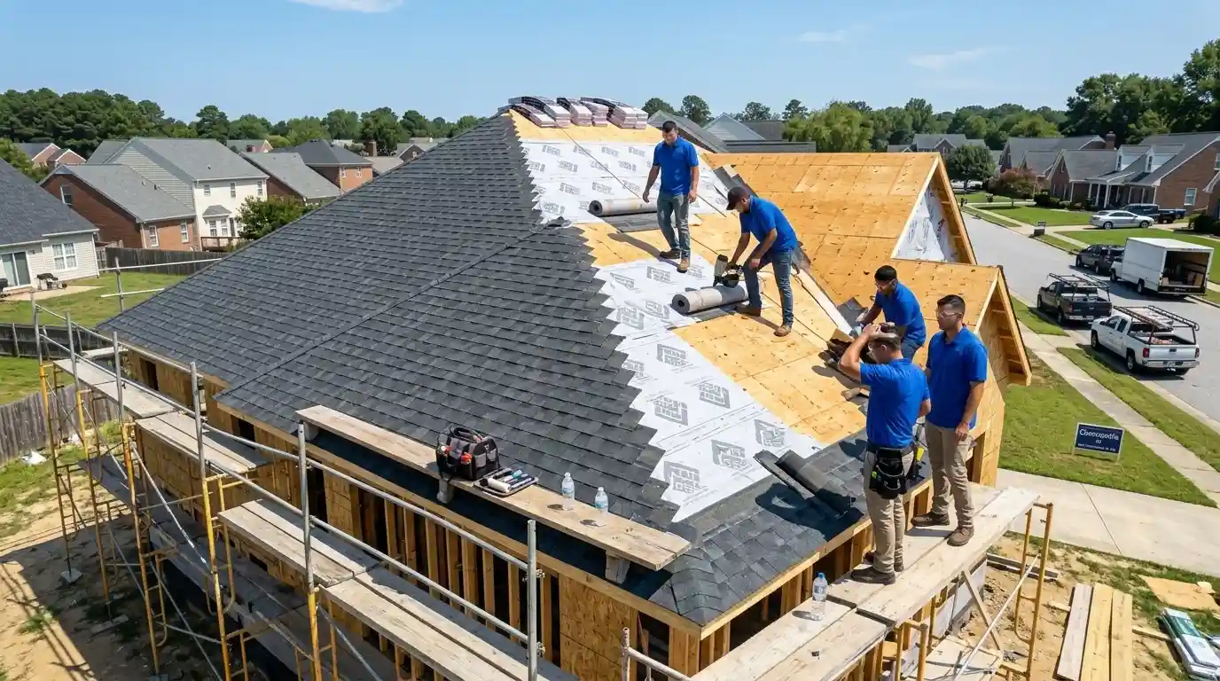 Technical visualization of a GAF Master Elite roof installation in Chesapeake, VA. WT Anderson master elite crew performing a full residential reroofing project following VUSBC Chapter 15 high-wind fastening protocols.