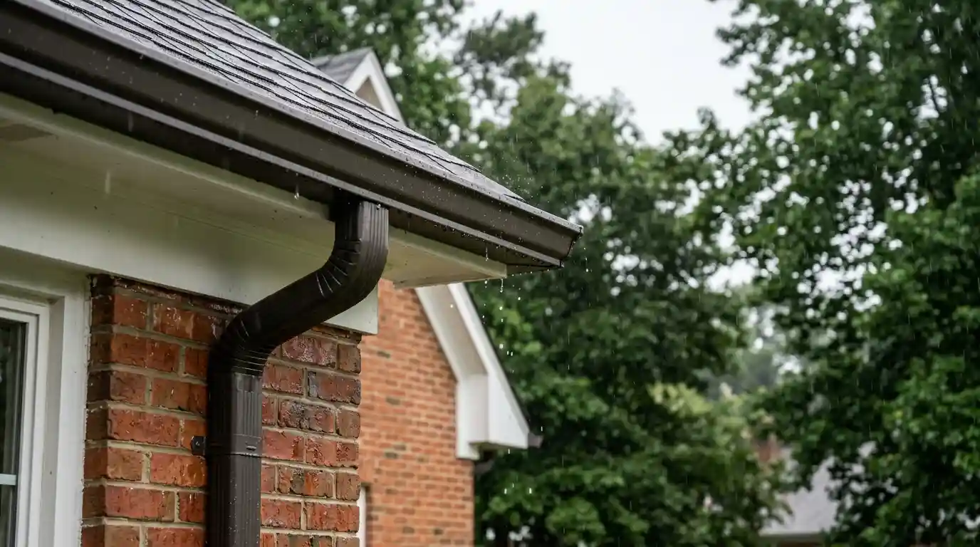 Technical visualization of a high-capacity seamless gutter installation on a Chesapeake, VA property. WT Anderson installation team ensuring precise downspout diversion to mitigate hydrostatic pressure and comply with HRRCS regional drainage standards.