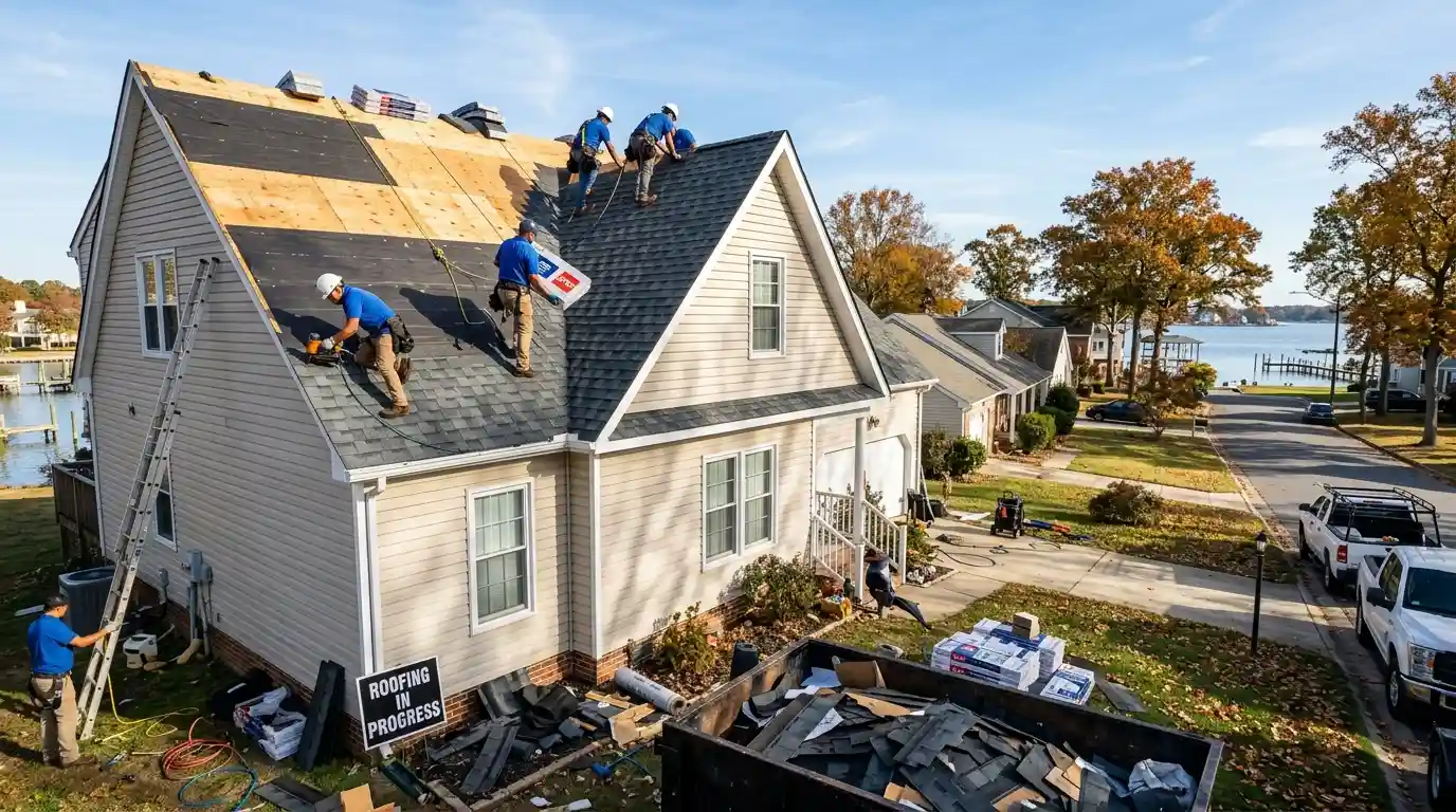 Technical visualization of a full roof replacement in the Brian's Cove neighborhood of Chesapeake, VA. WT Anderson master elite crew installing GAF architectural shingles to meet strict HOA and VUSBC high-wind zone building codes.