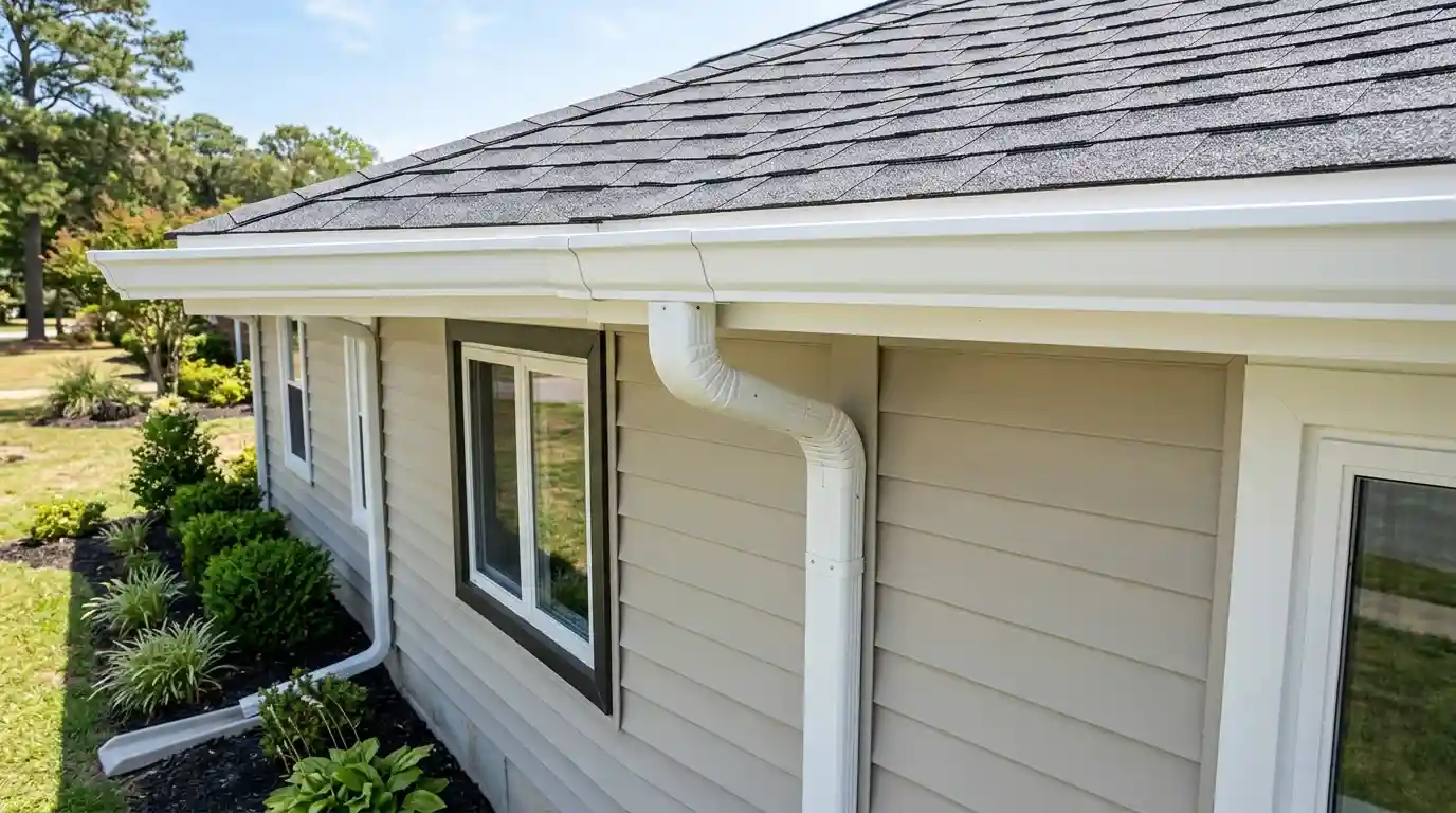 Technical visualization of a seamless gutter installation in Lagomar, Virginia Beach. WT Anderson specialists configuring high-capacity downspouts to ensure hydrostatic foundation protection and compliance with Virginia Maintenance Code water discharge standards.
