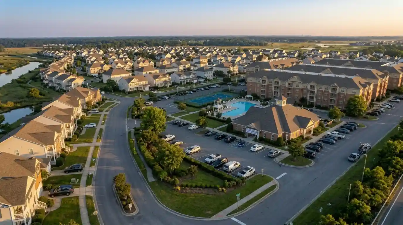 Technical visualization of a commercial roofing project for a large HOA including club buildings and apartments, fitted with GAF class 4 storm resistant shingles by WT Anderson