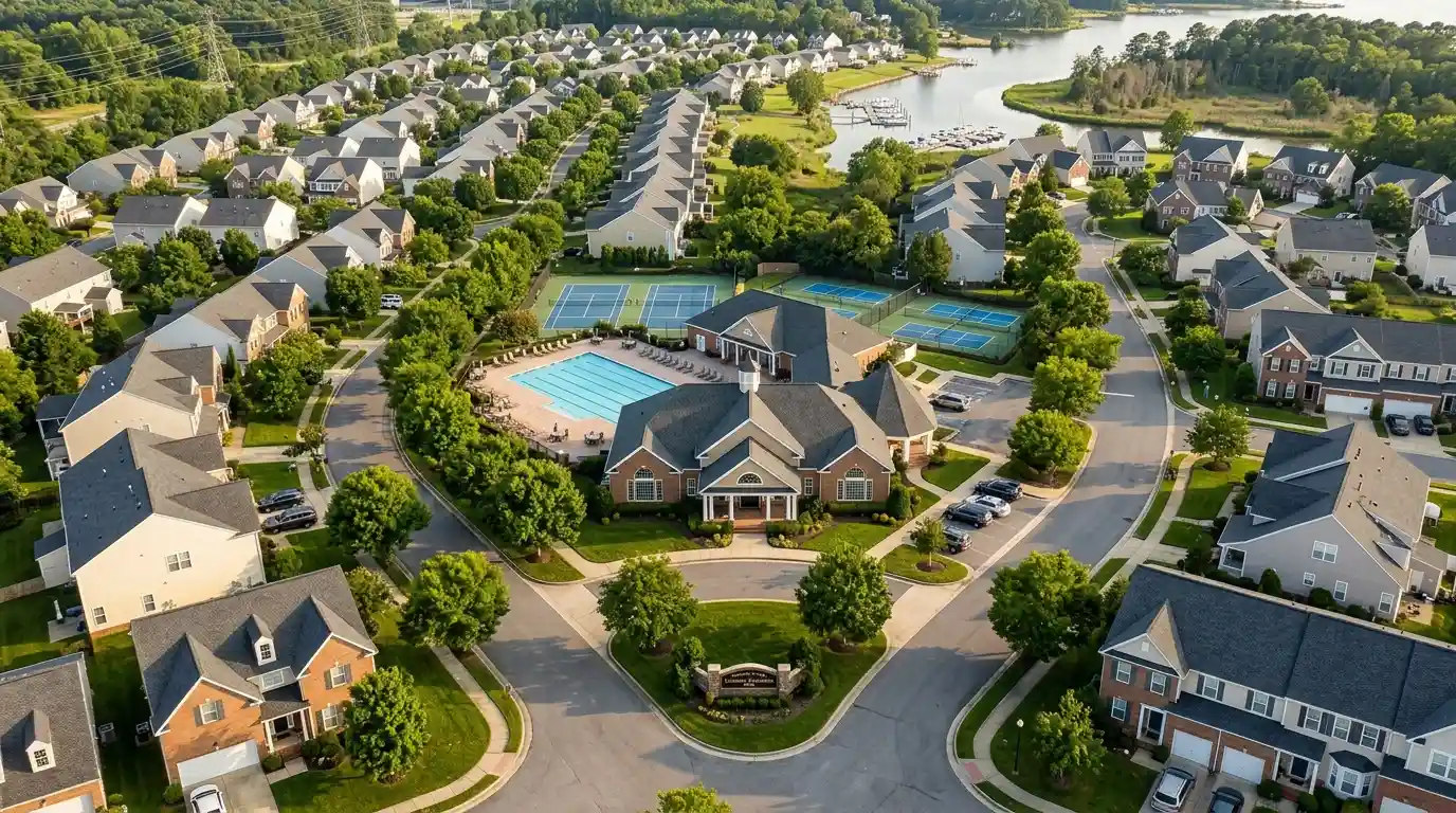 Technical visualization of a commercial HOA project with dozens of structures fitted with storm resistant class-4 GAF shingles for the Chesapeake area.