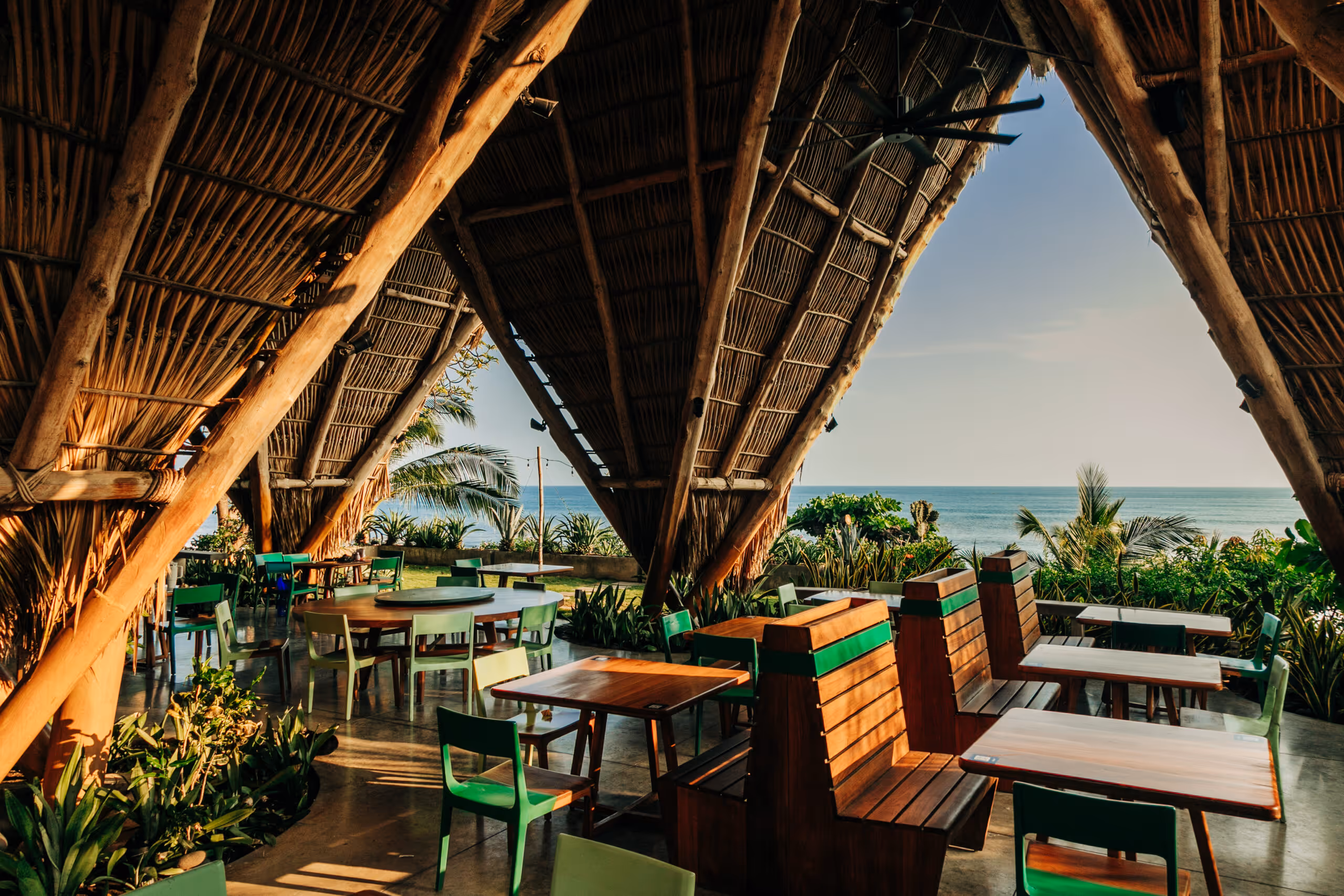 Covana Kitchen, the open-air restaurant at Puro Surf, facing the ocean