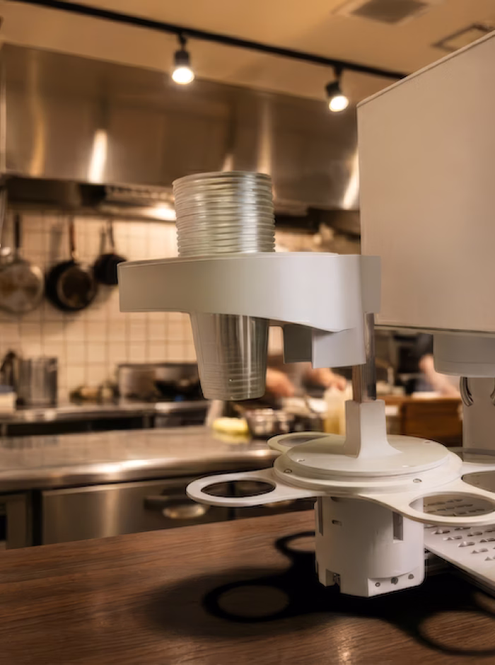 Automated beverage dispensing system holding a stack of plastic cups in a kitchen setting.