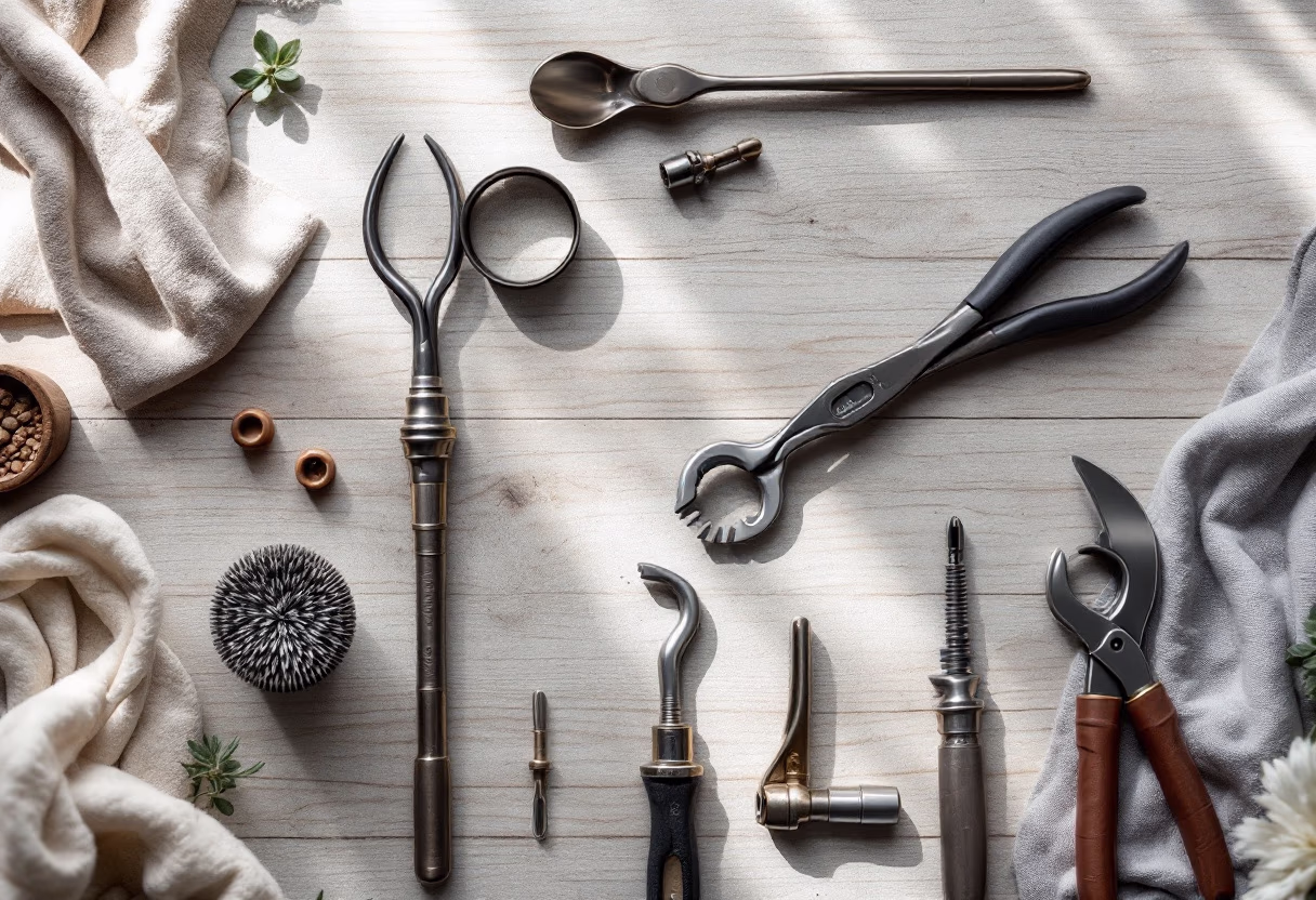 image of tools organized on a workbench (for a plumbing service)
