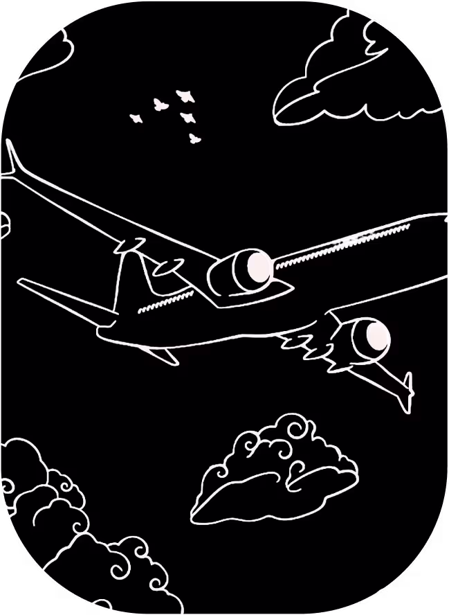 A black and white drawing of a plane flying through the sky.