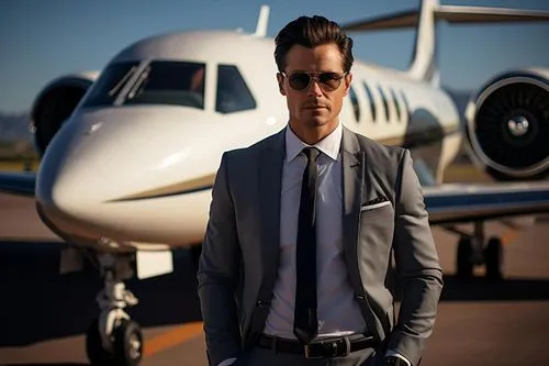 A man wearing a gray suit and tie standing in front of a white jet.