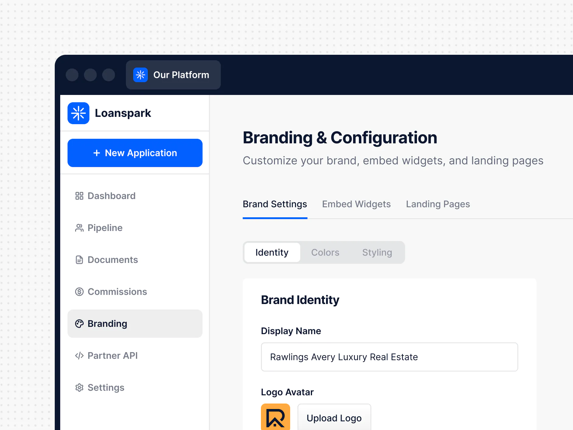 Loanspark platform interface showing branding and configuration settings with brand identity for Rawlings Avery Luxury Real Estate and option to upload a logo.